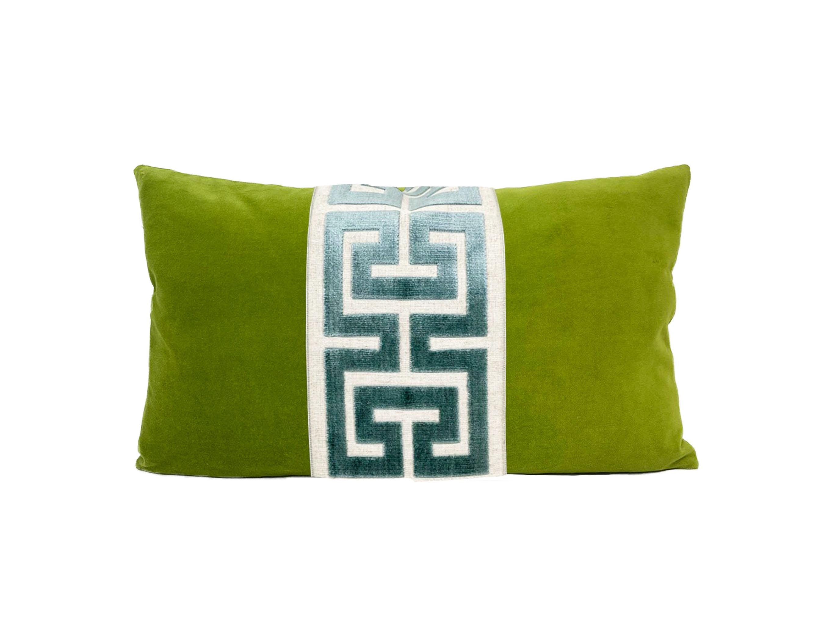 Lime Green Velvet Pillow Cover with Large Greek Key Trim - SELECT TRIM COLOR