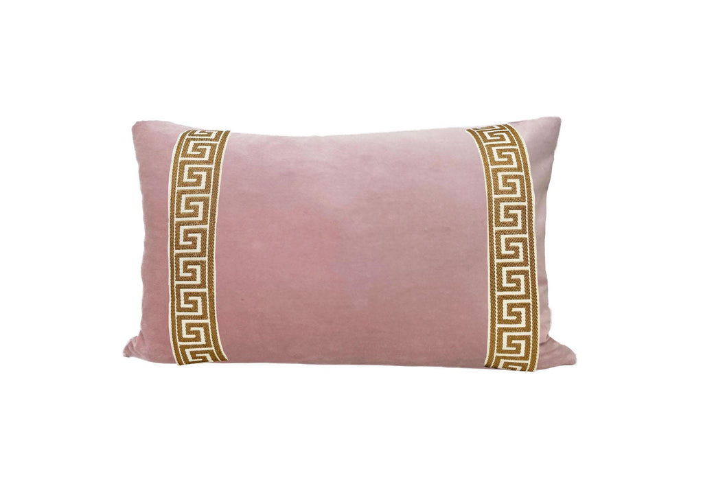 Pink Velvet Lumbar Pillow Cover: Greek Key Trim