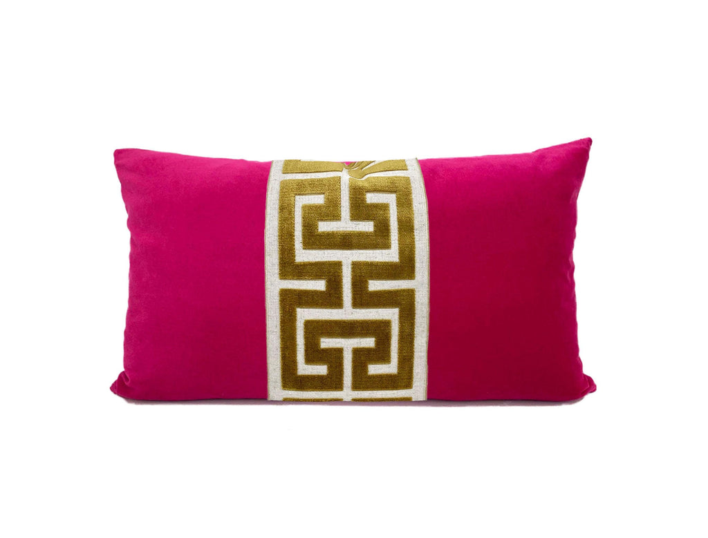 Fuchsia Pink Velvet Pillow Cover with Large Greek Key Trim - SELECT TRIM COLOR