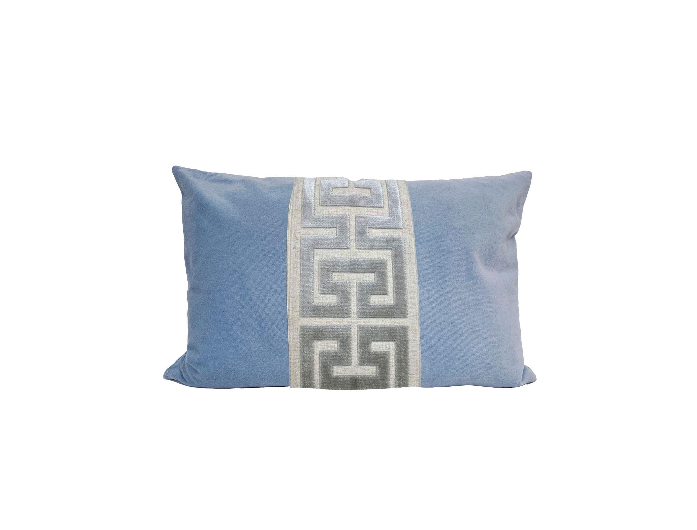Light Blue Velvet Lumbar Pillow Cover with Large GRAY Greek Key Trim