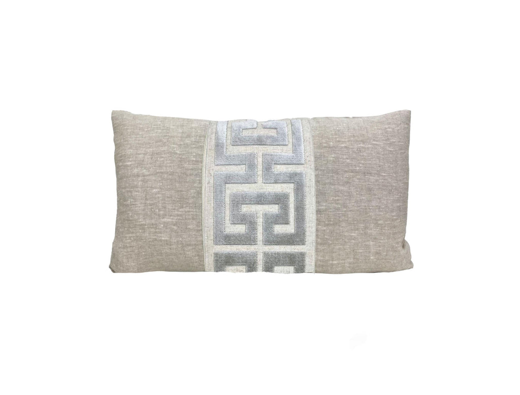 Oatmeal Linen Lumbar Pillow Cover with Large Greek Key Trim - SELECT TRIM COLOR