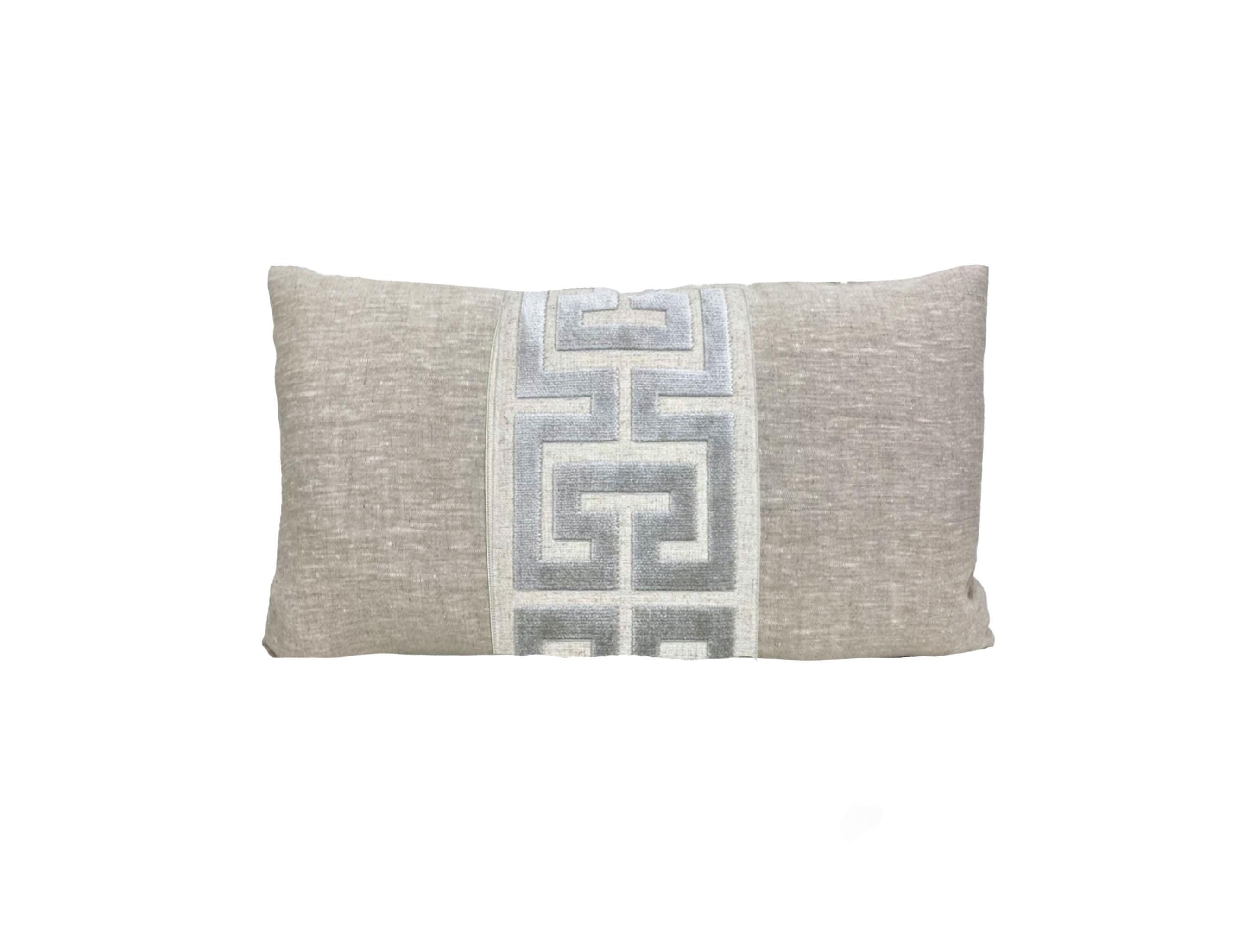 Oatmeal Linen Lumbar Pillow Cover with Large Greek Key Trim - SELECT TRIM COLOR