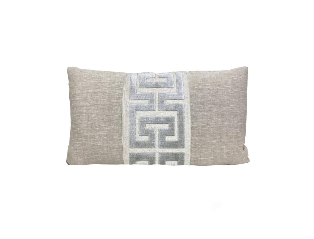 Oatmeal Linen Lumbar Pillow Cover with Large Greek Key Trim - SELECT TRIM COLOR