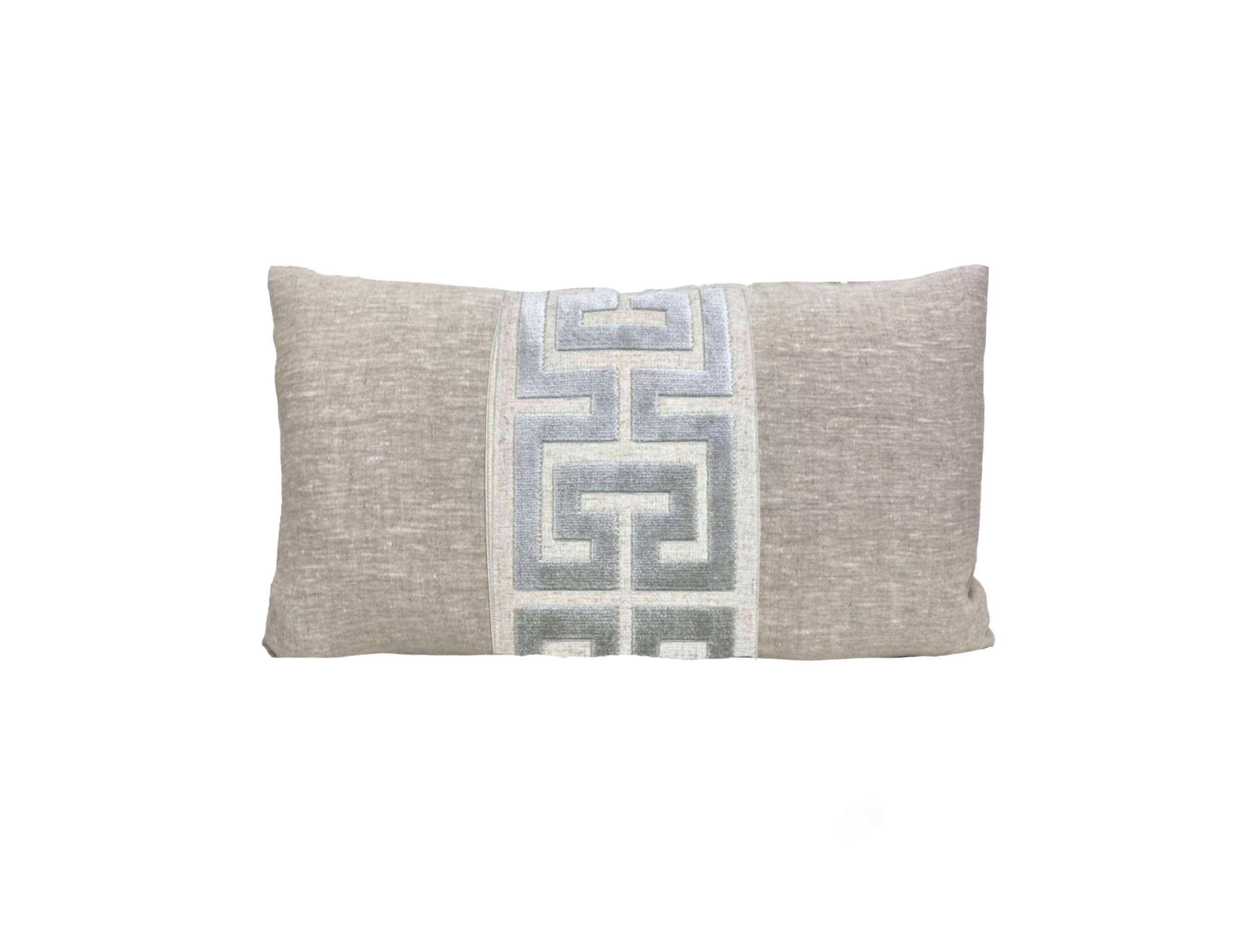 Oatmeal Linen Lumbar Pillow Cover with Large Greek Key Trim - SELECT TRIM COLOR