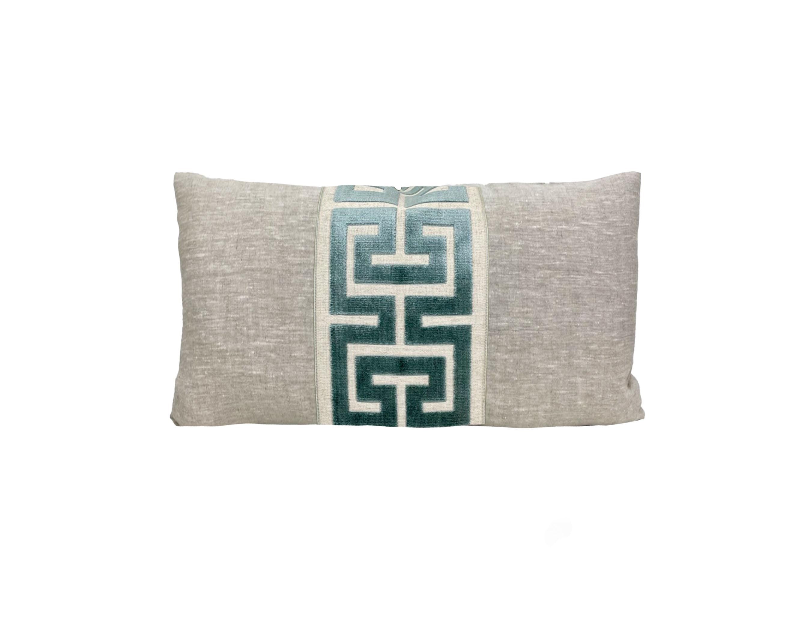 Oatmeal Linen Lumbar Pillow Cover with Large Greek Key Trim - SELECT TRIM COLOR