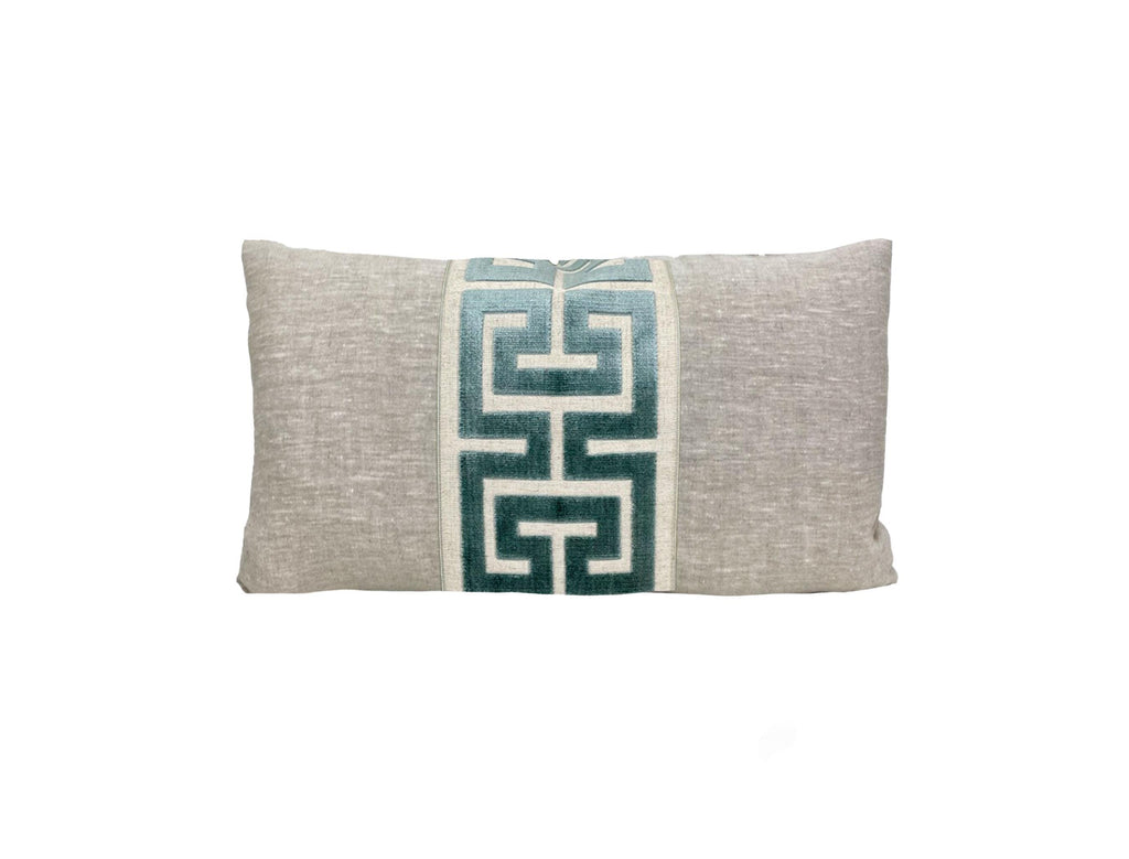 Oatmeal Linen Lumbar Pillow Cover with Large Greek Key Trim - SELECT TRIM COLOR