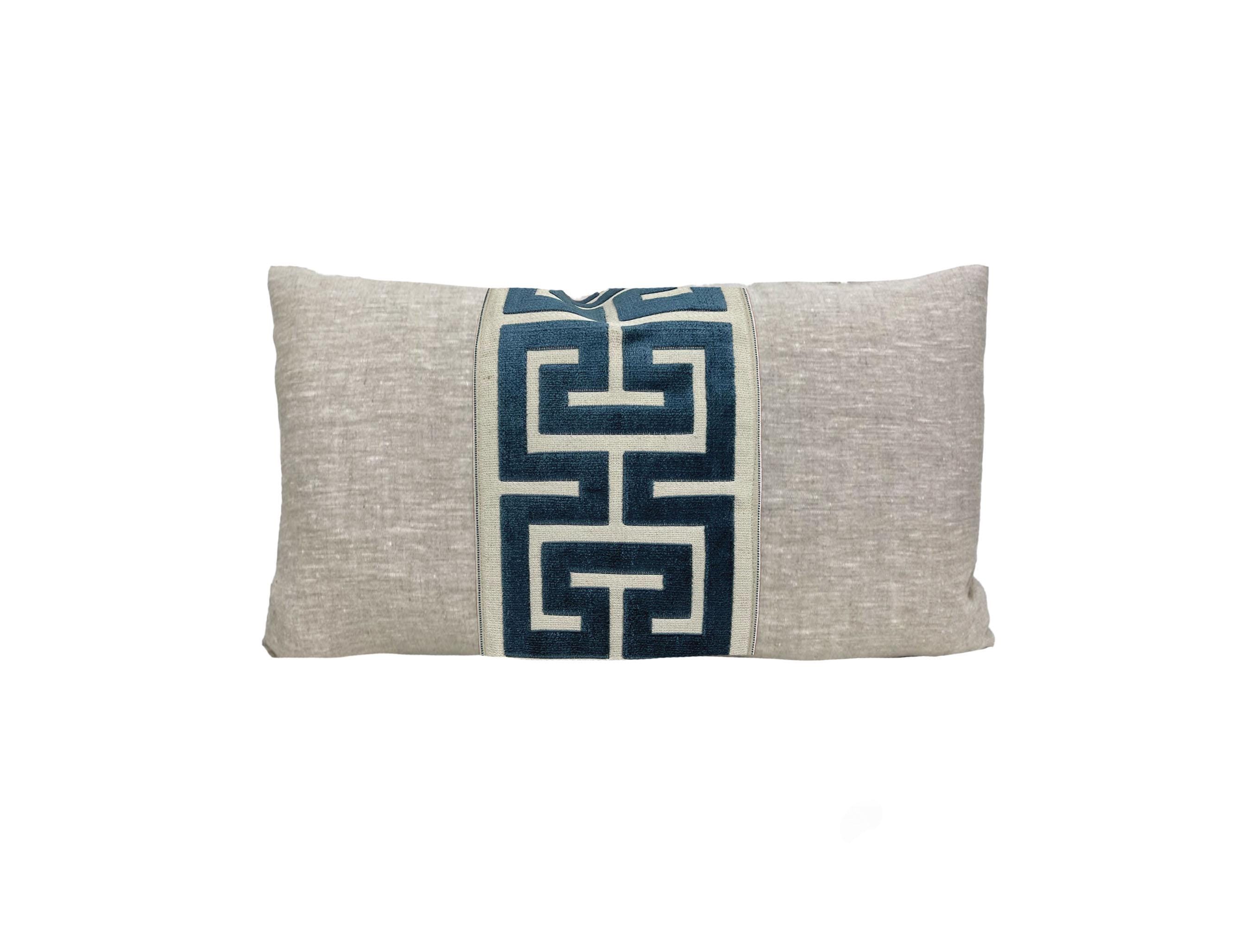 Oatmeal Linen Lumbar Pillow Cover with Large Greek Key Trim - SELECT TRIM COLOR
