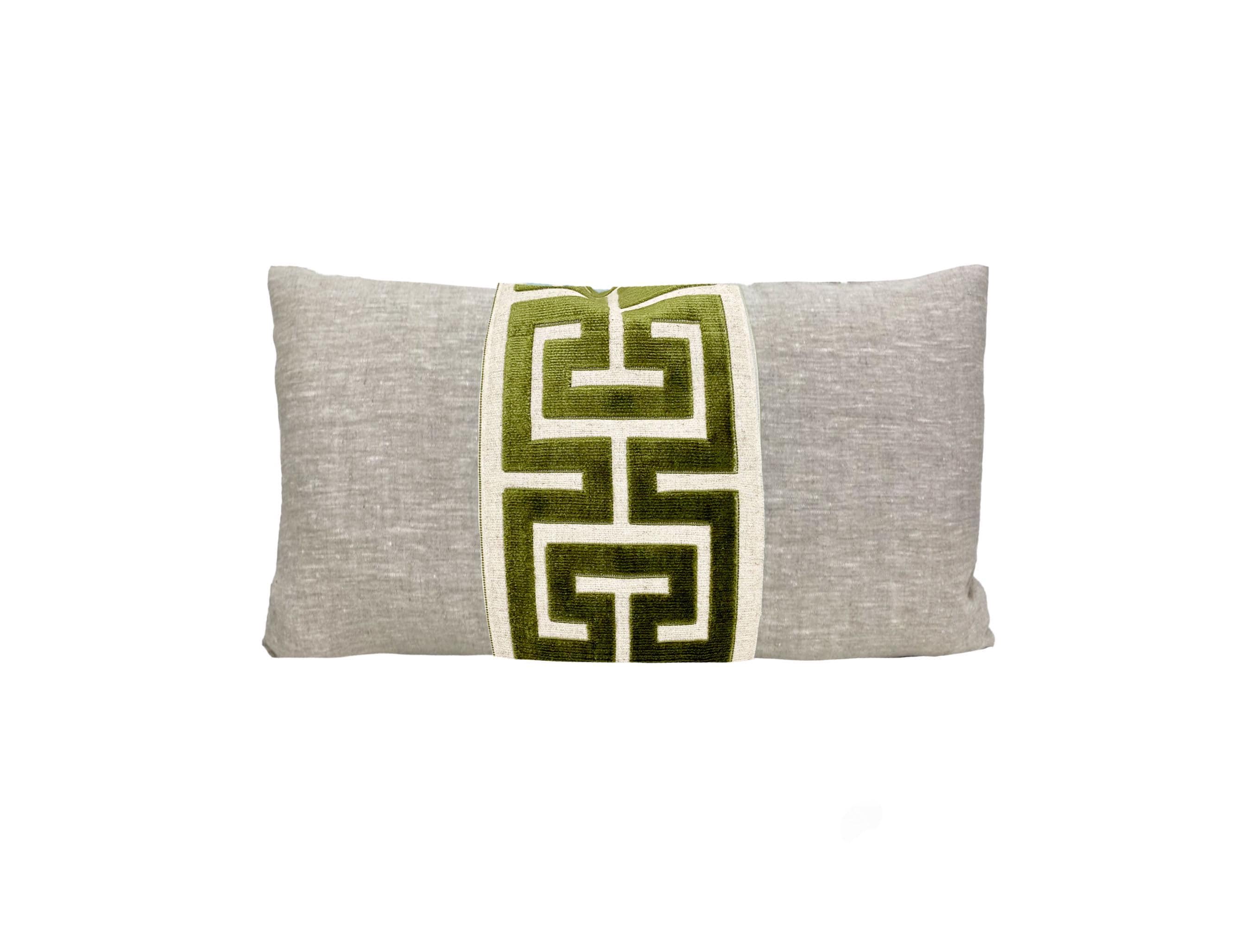 Oatmeal Linen Lumbar Pillow Cover with Large Greek Key Trim - SELECT TRIM COLOR