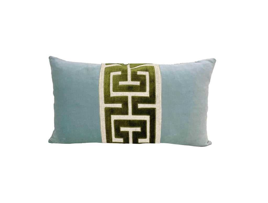 Aqua Mist Velvet Lumbar Pillow Cover with Large Green Greek Key Trim
