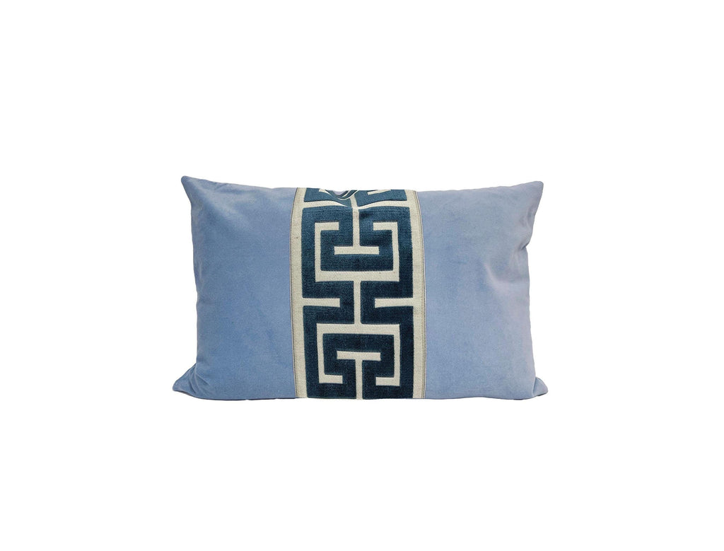 Light Blue Velvet Lumbar Pillow Cover with Large NAVY Greek Key trim