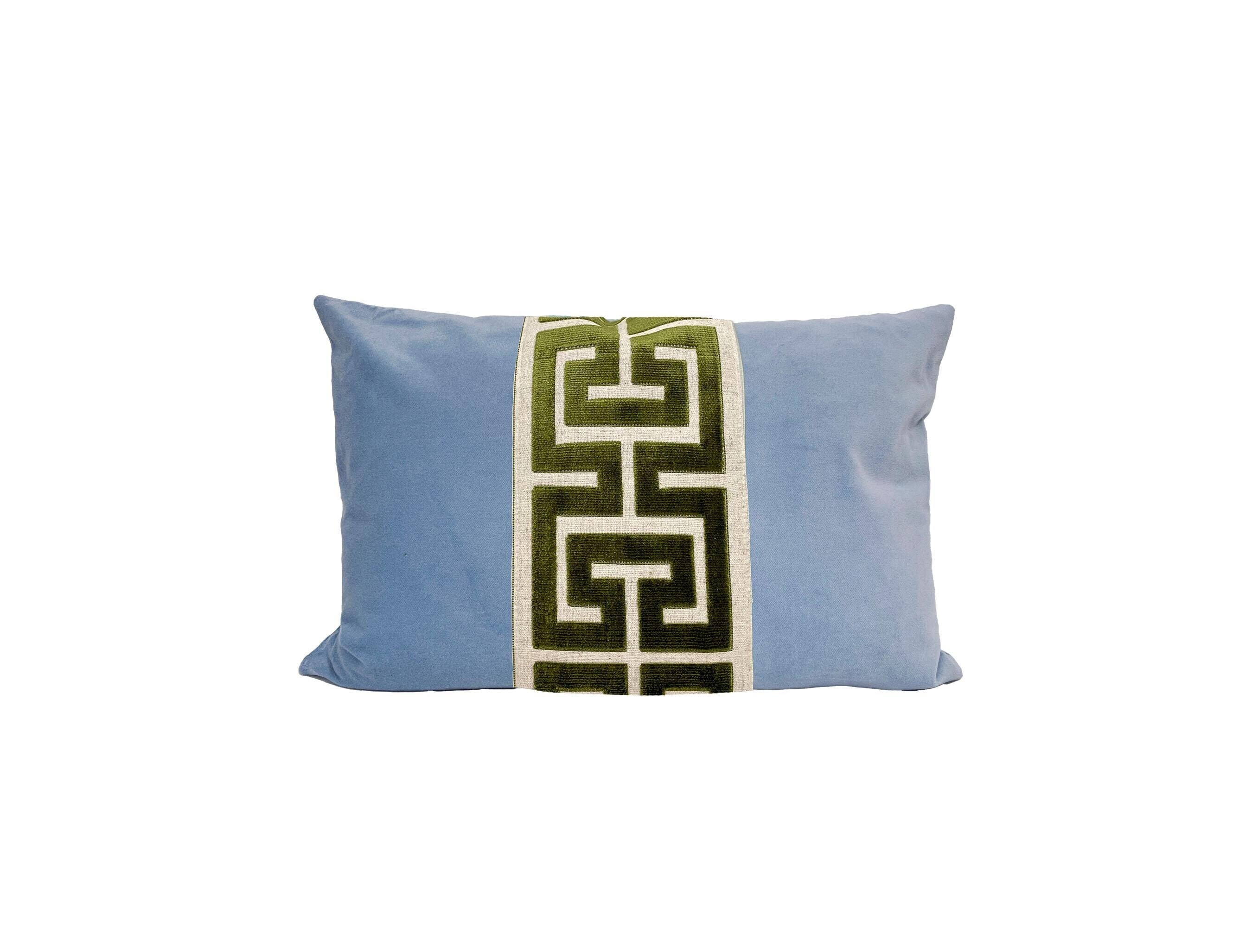 Light Blue Velvet Pillow Cover with Large GREEN Greek Key Trim