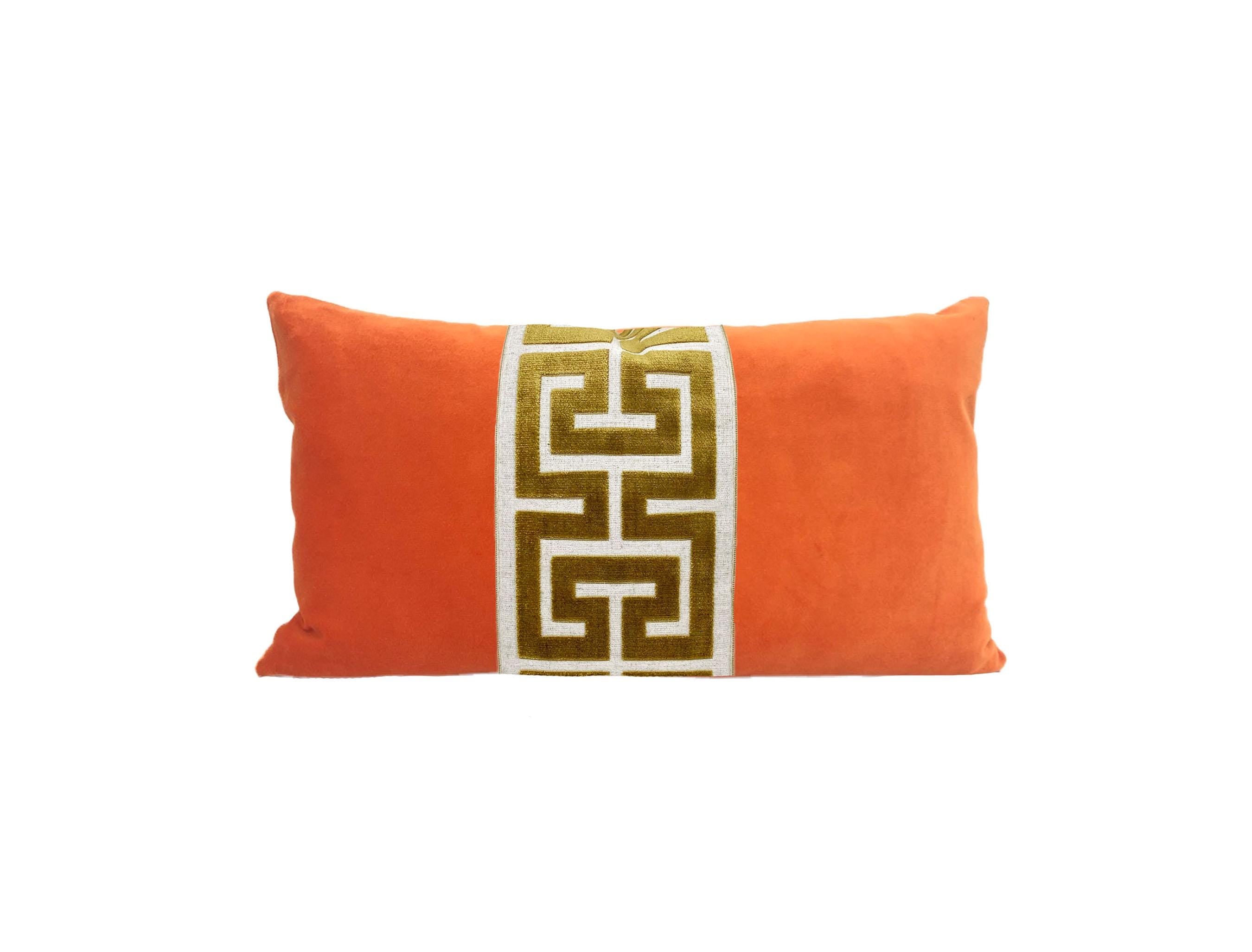 Orange Velvet Lumbar Pillow Cover with Large Greek Key Trim - SELECT TRIM COLOR