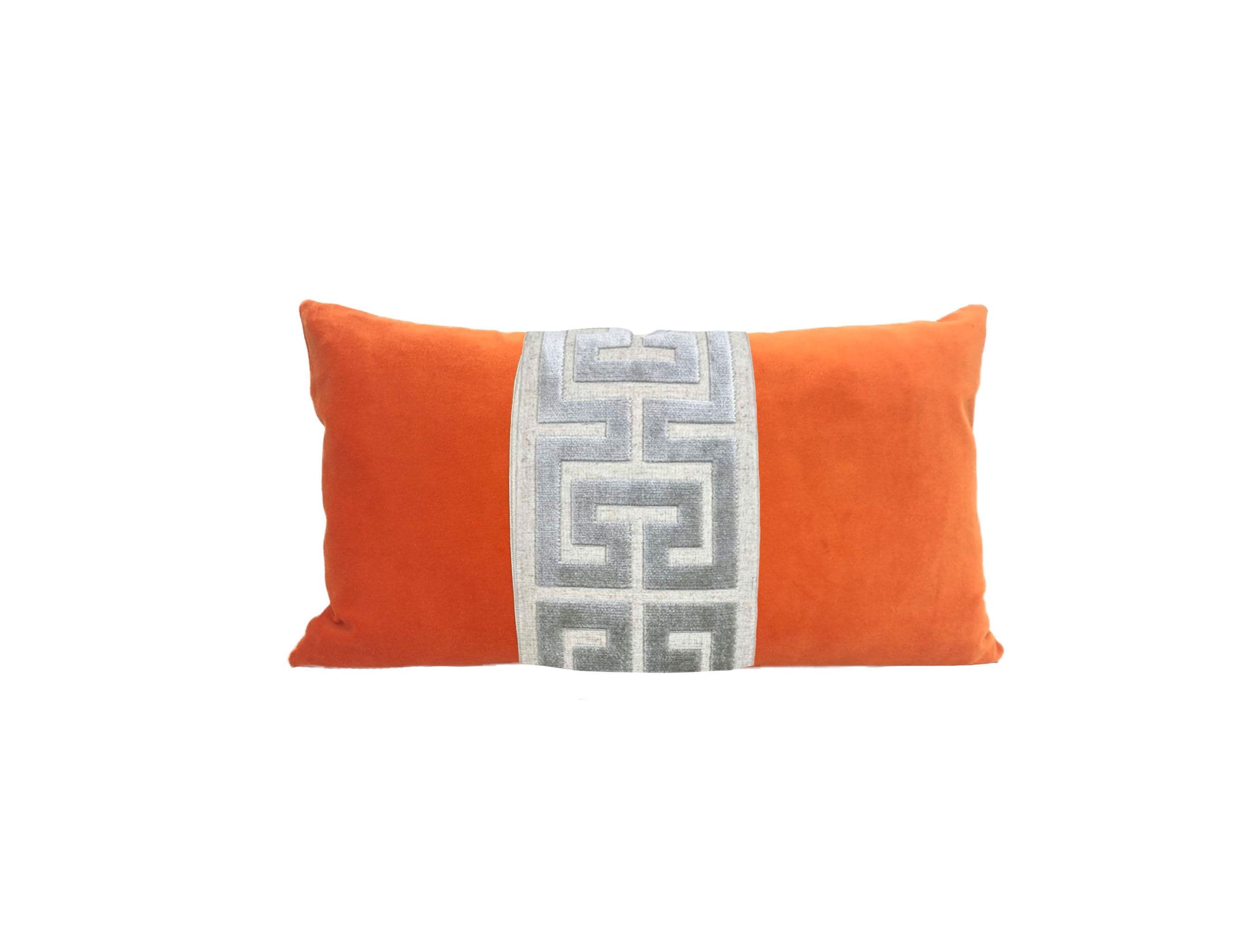 Orange Velvet Pillow Cover with Large Greek Key Trim - SELECT TRIM COLOR