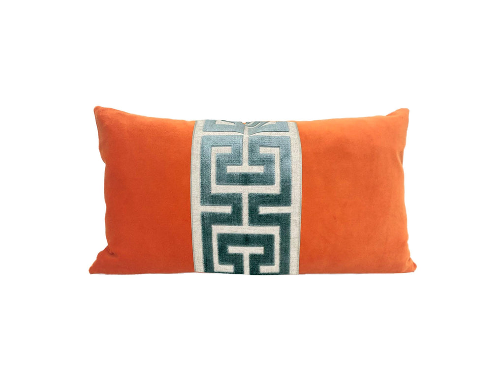 Orange Velvet Pillow Cover with Large Greek Key Trim - SELECT TRIM COLOR