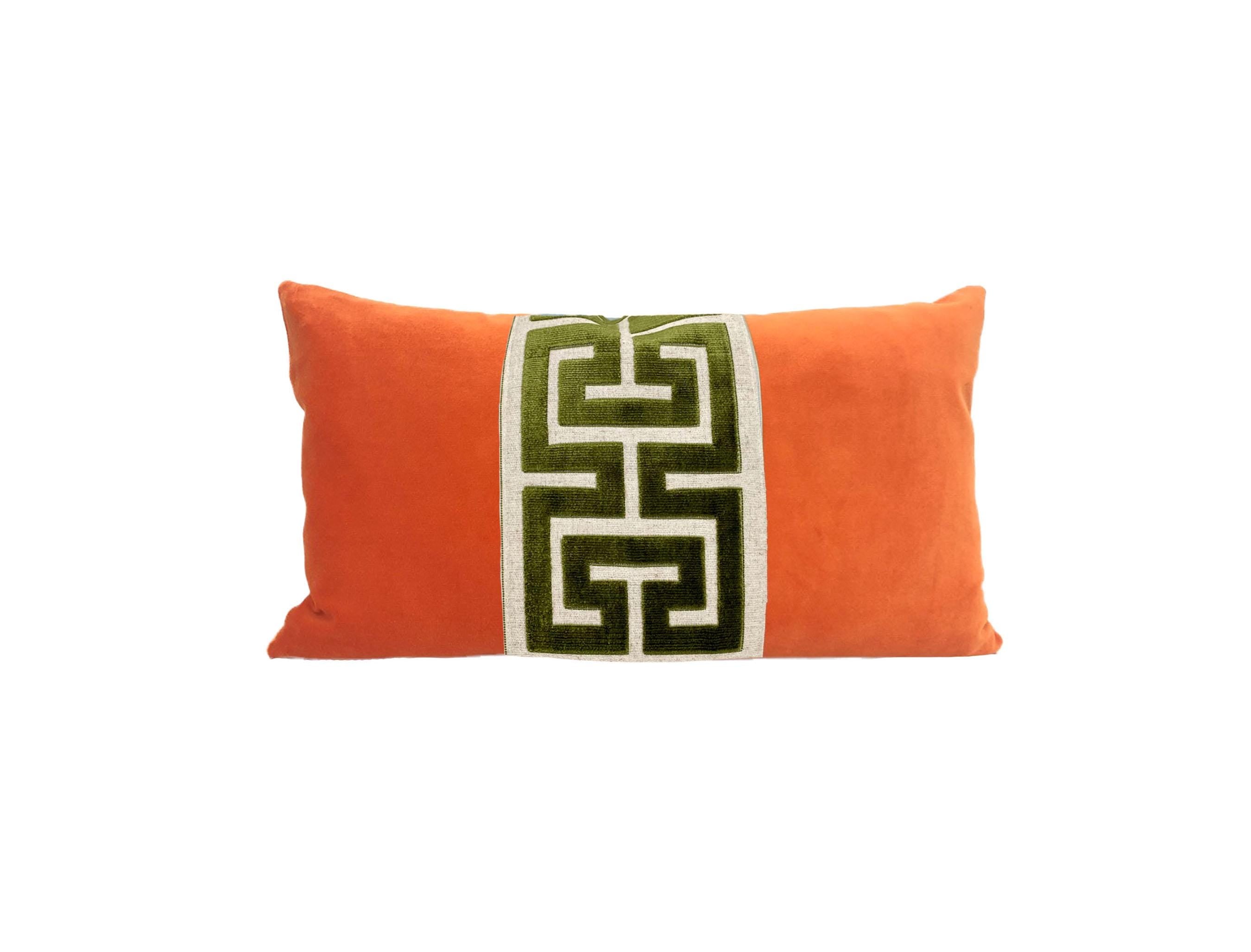 Orange Velvet Pillow Cover with Large Greek Key Trim - SELECT TRIM COLOR