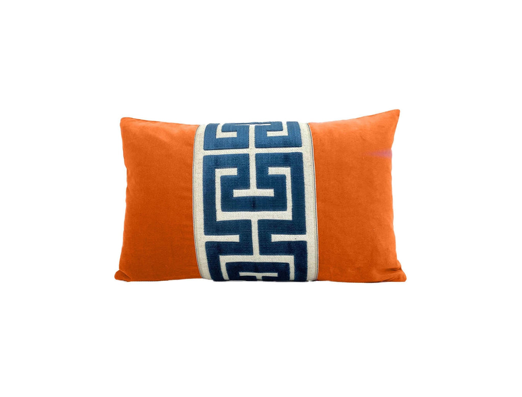 Orange Velvet Pillow Cover with Large Greek Key Trim - SELECT TRIM COLOR