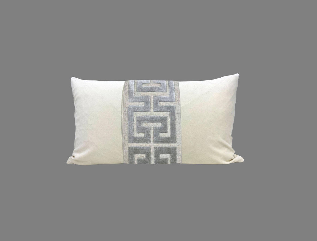 Off White Velvet Lumbar Pillow Cover with Large GRAY Greek Key Trim