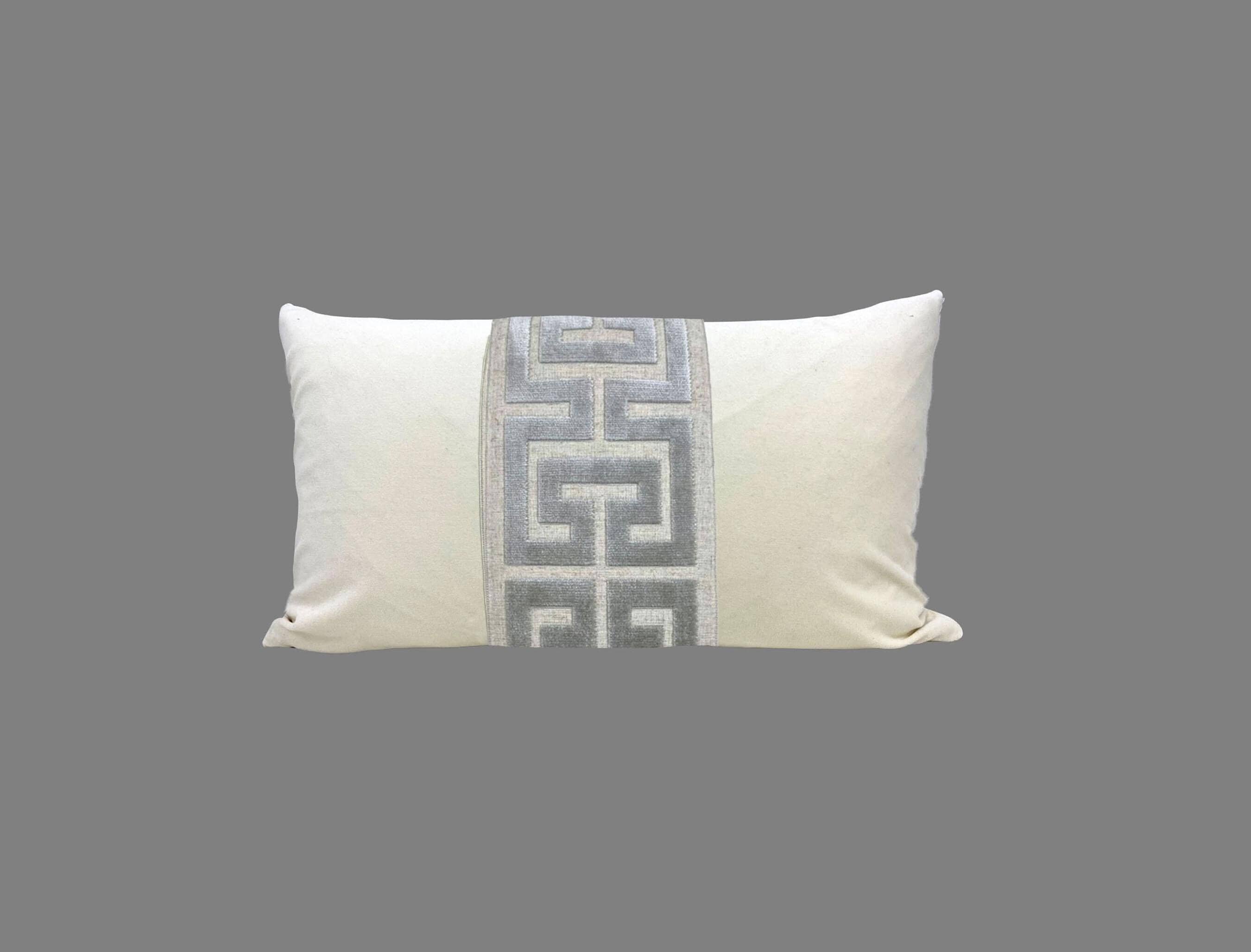 Off White Velvet Lumbar Pillow Cover with Large GRAY Greek Key Trim