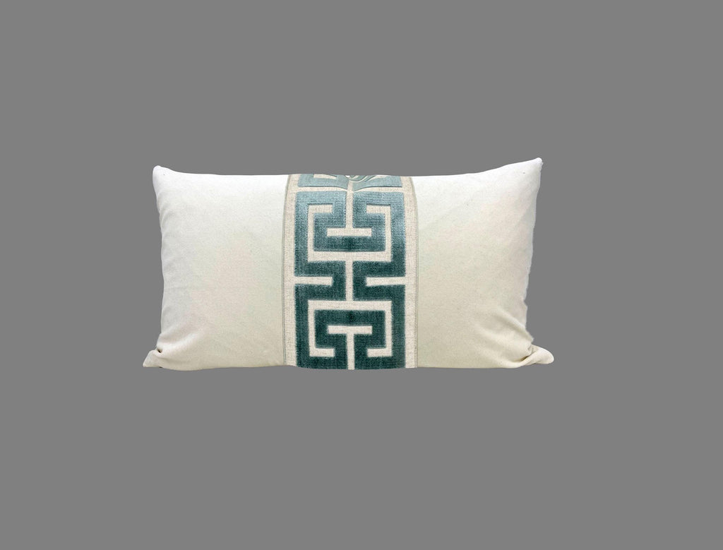 Off White Velvet Lumbar Pillow Cover with Large MIST Greek KeyTrim