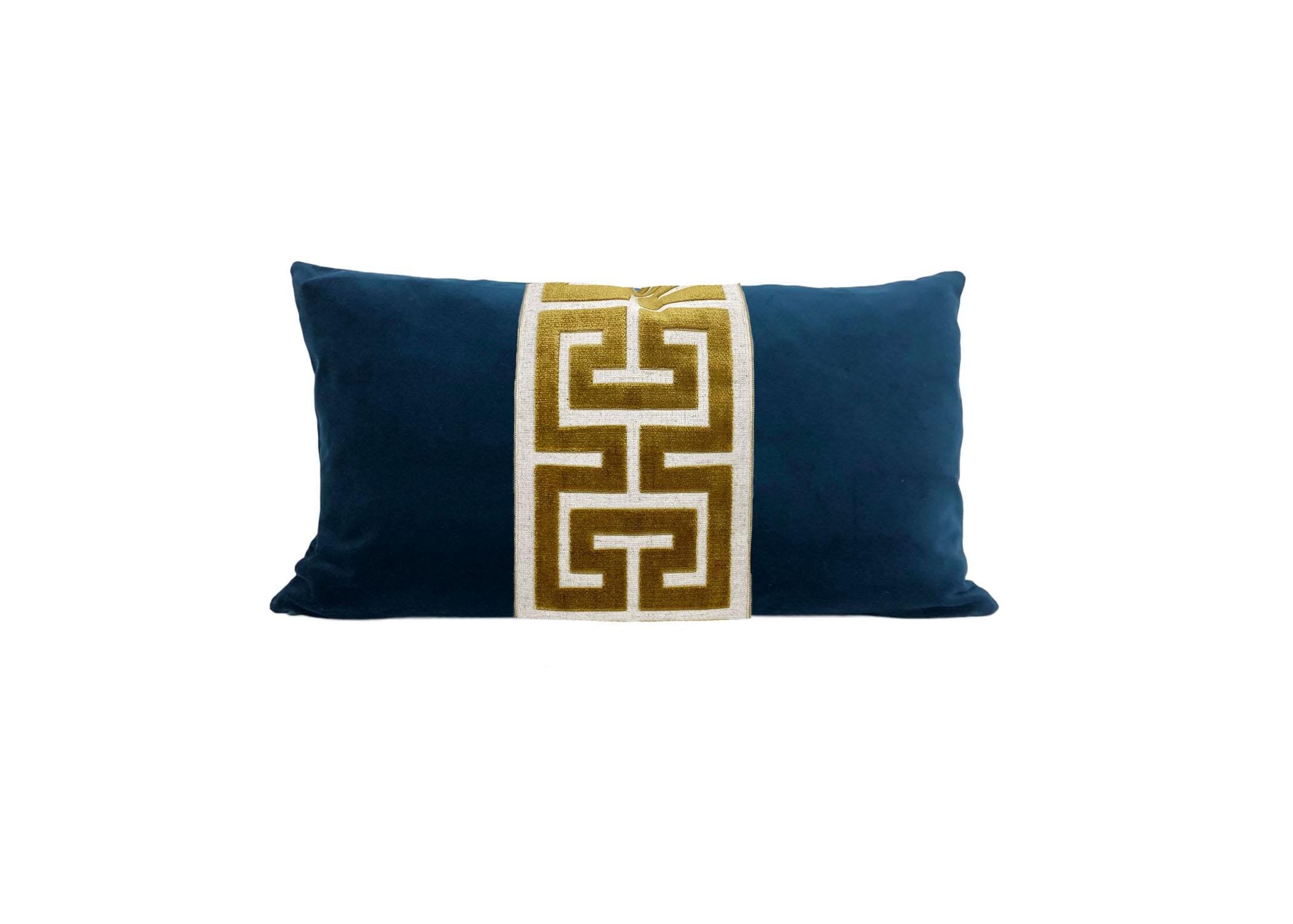 Navy Blue Velvet Lumbar Pillow Cover with Large GOLD Greek Key Trim