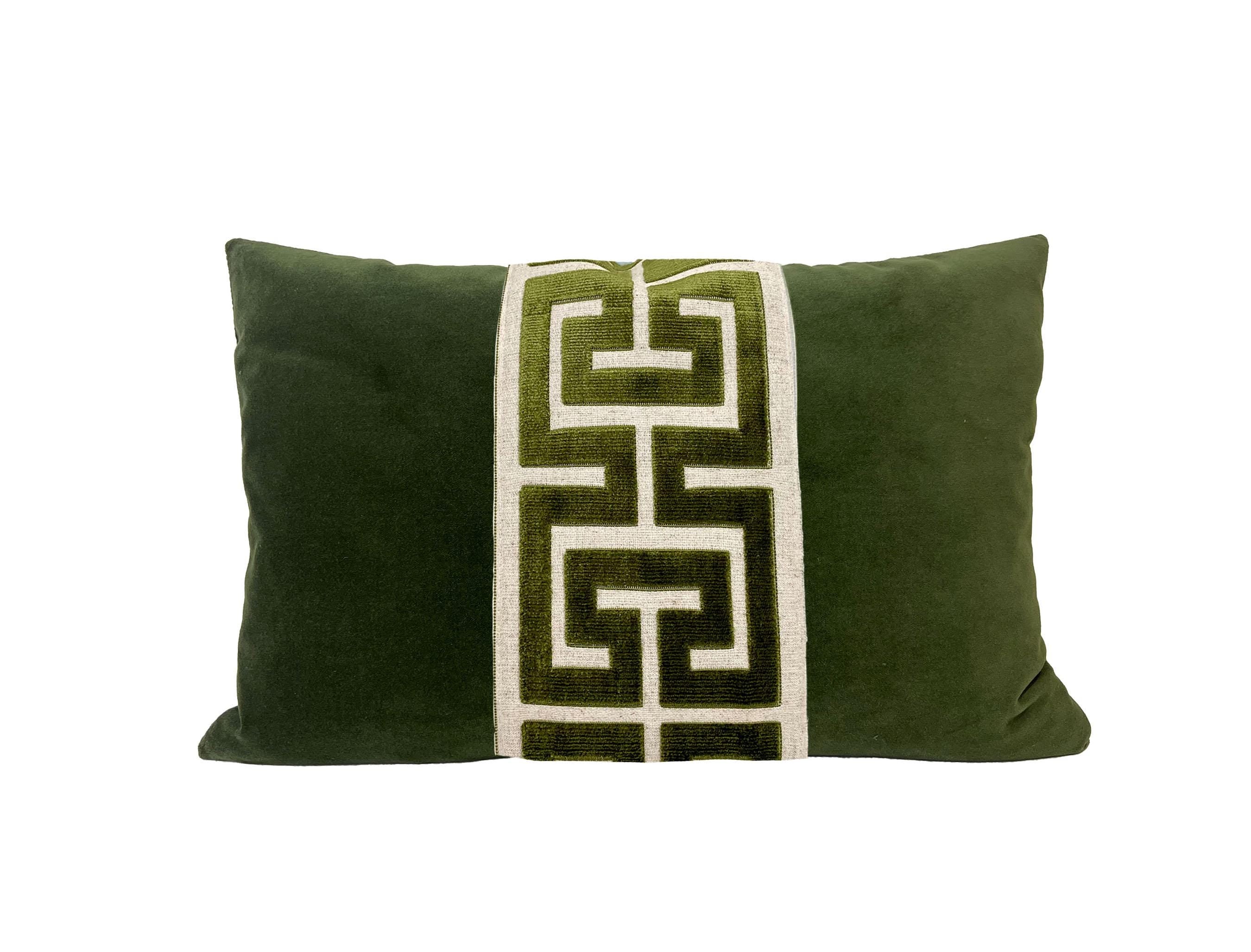 Moss Green Lumbar Pillow Cover with Large Greek Key Trim - SELECT TRIM COLOR