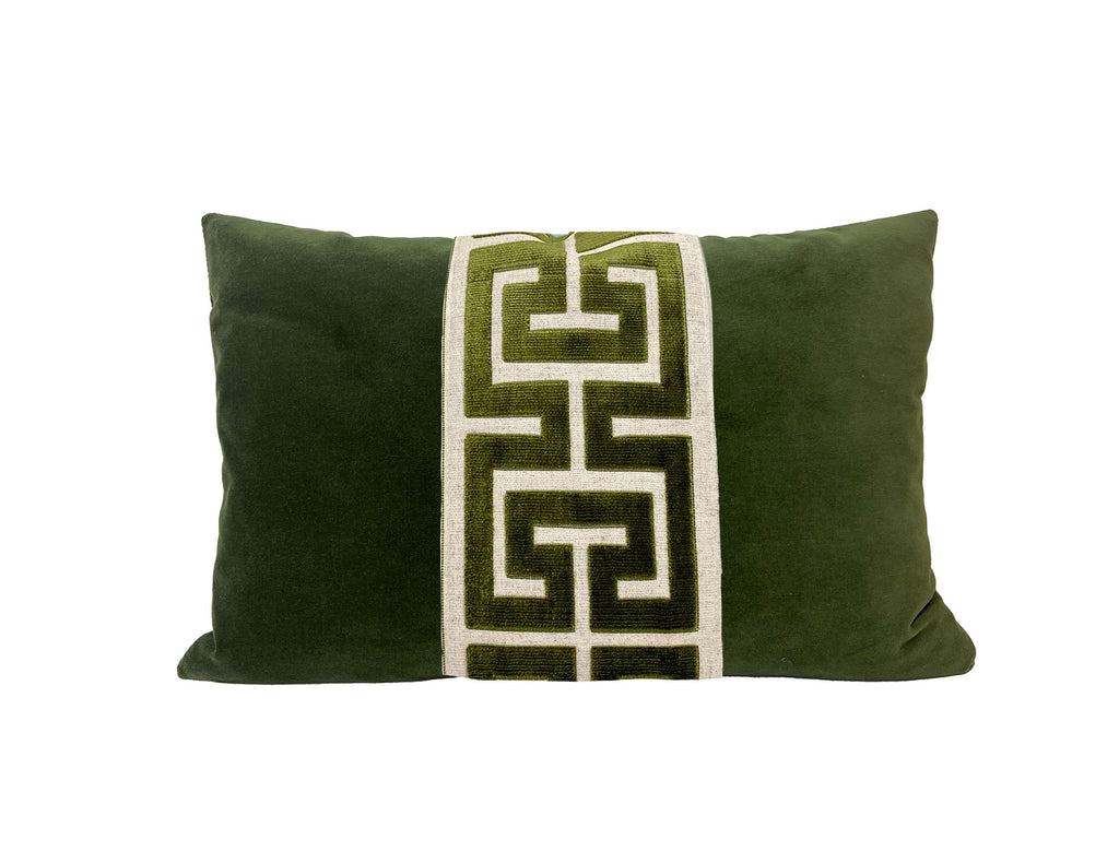 Moss Green Lumbar Pillow Cover with Large Greek Key Trim - SELECT TRIM COLOR