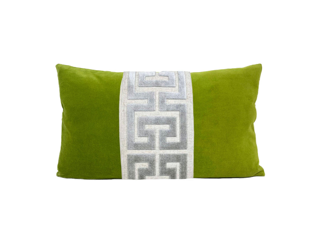 Lime Green Velvet Pillow Cover with Large Greek Key Trim - SELECT TRIM COLOR