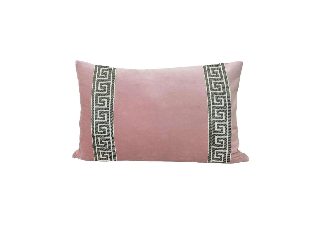 Pink Velvet Lumbar Pillow Cover: Greek Key Trim