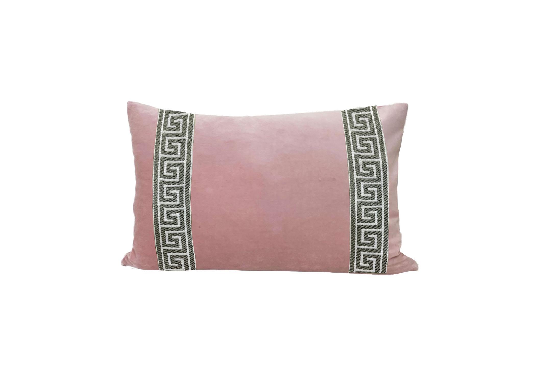 Pink Velvet Lumbar Pillow Cover: Greek Key Trim