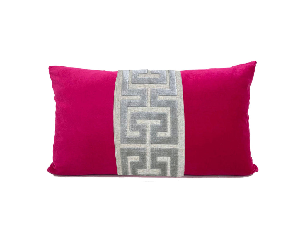 Fuchsia Pink Velvet Pillow Cover with Large Greek Key Trim - SELECT TRIM COLOR
