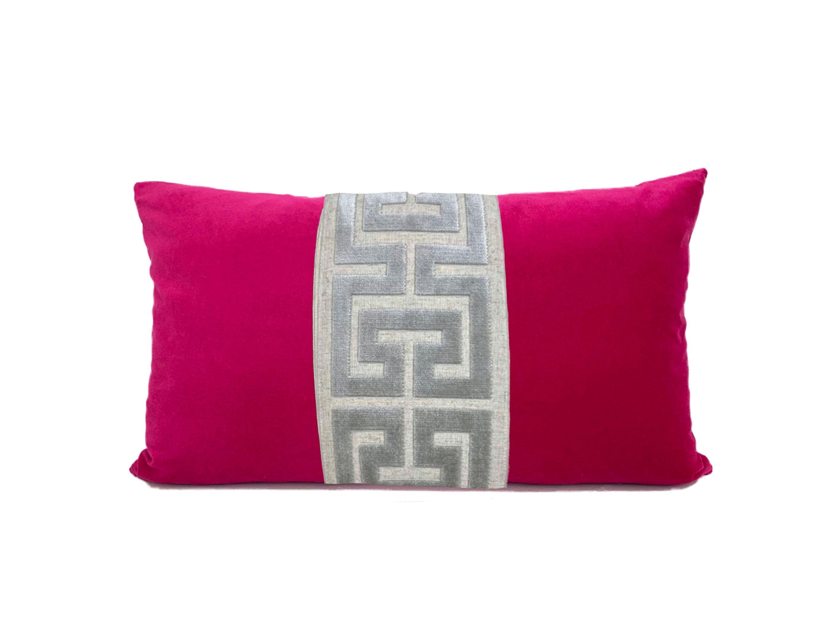 Fuchsia Pink Velvet Pillow Cover with Large Greek Key Trim - SELECT TRIM COLOR