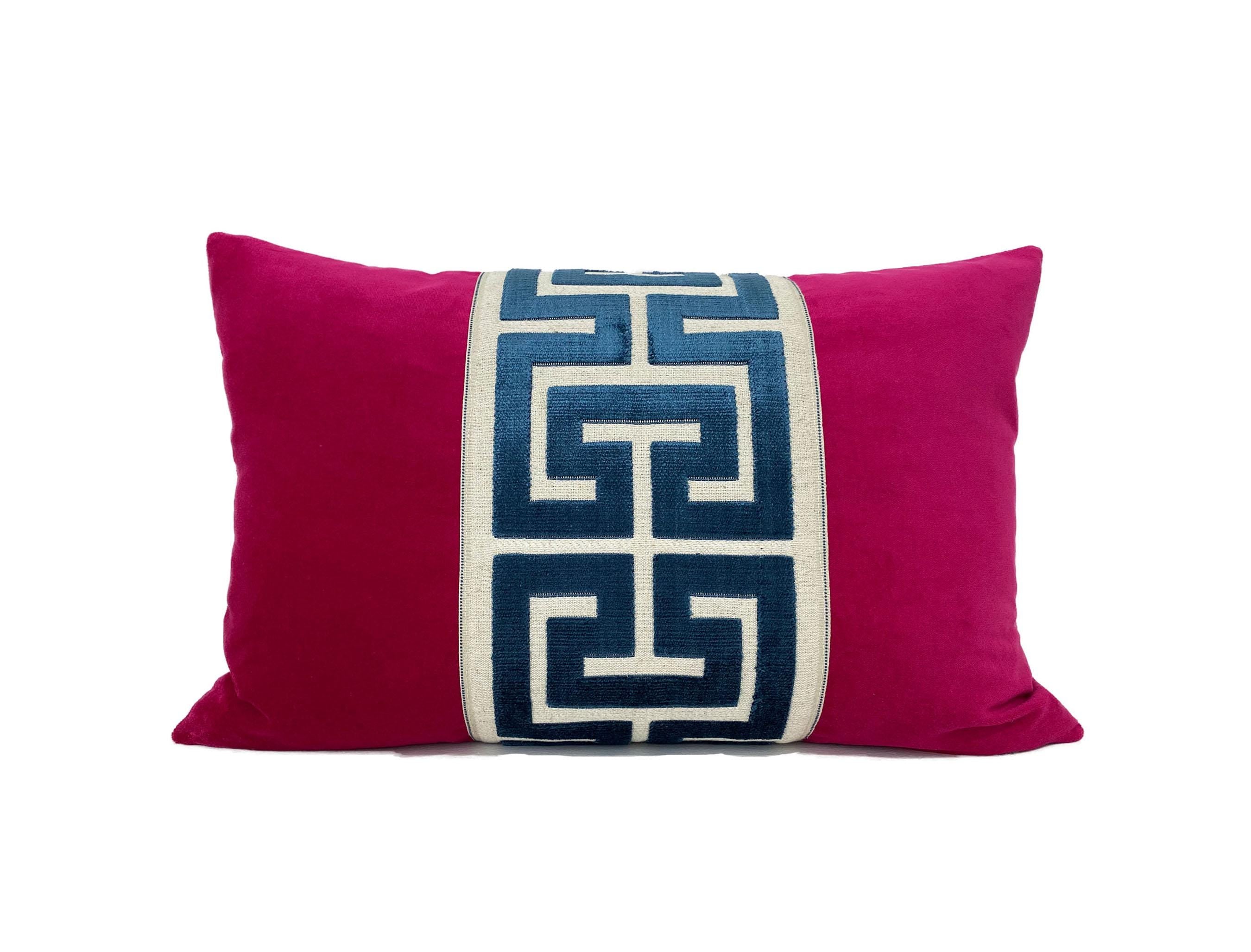 Fuchsia Pink Velvet Pillow Cover with Large Greek Key Trim - SELECT TRIM COLOR