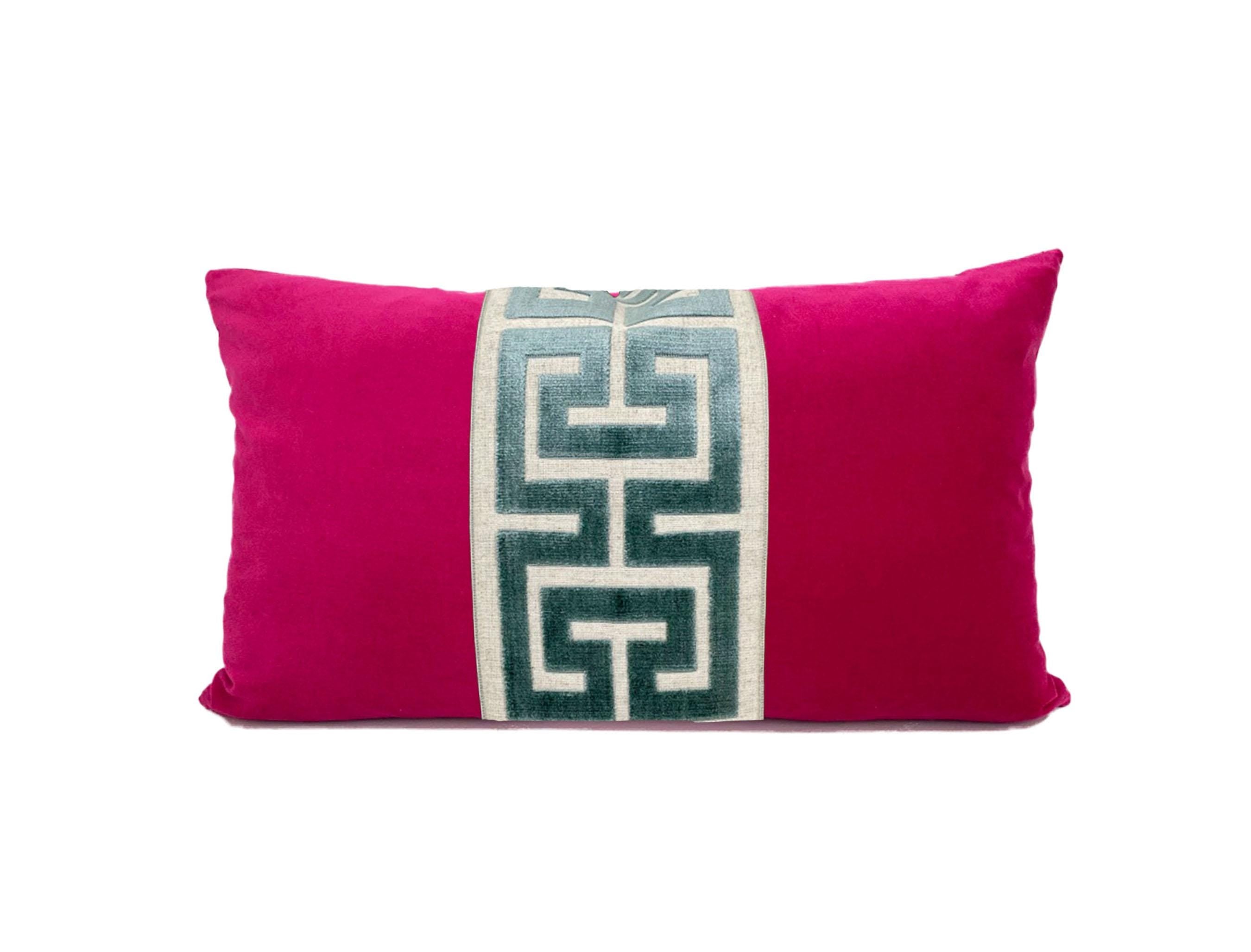 Fuchsia Pink Velvet Lumbar Pillow Cover with Large MIST Greek Key Trim