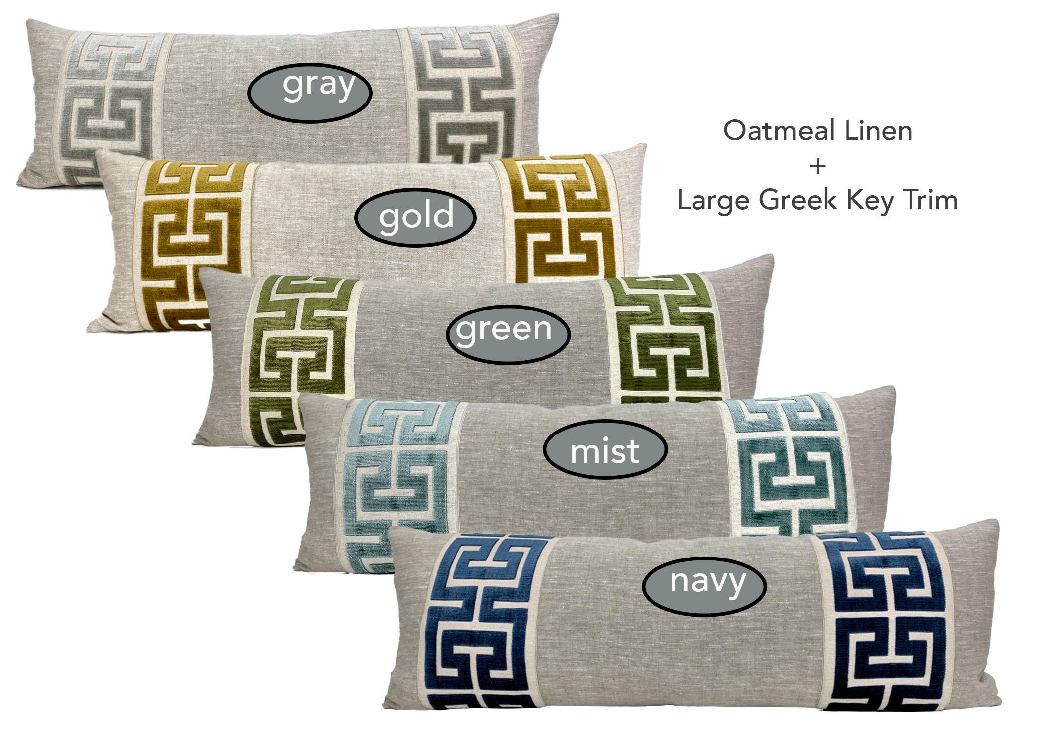 Oatmeal Linen Lumbar Pillow Cover with Large Greek Key Trim - SELECT TRIM COLOR