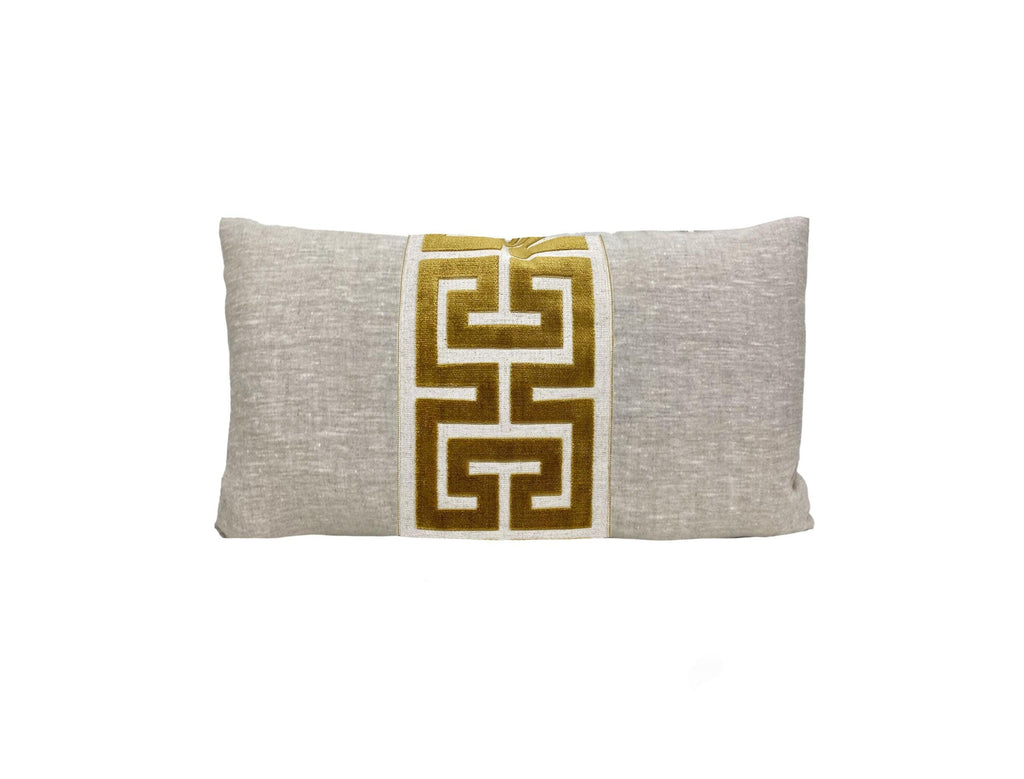 Oatmeal Linen Lumbar Pillow Cover with Large Greek Key Trim - SELECT TRIM COLOR