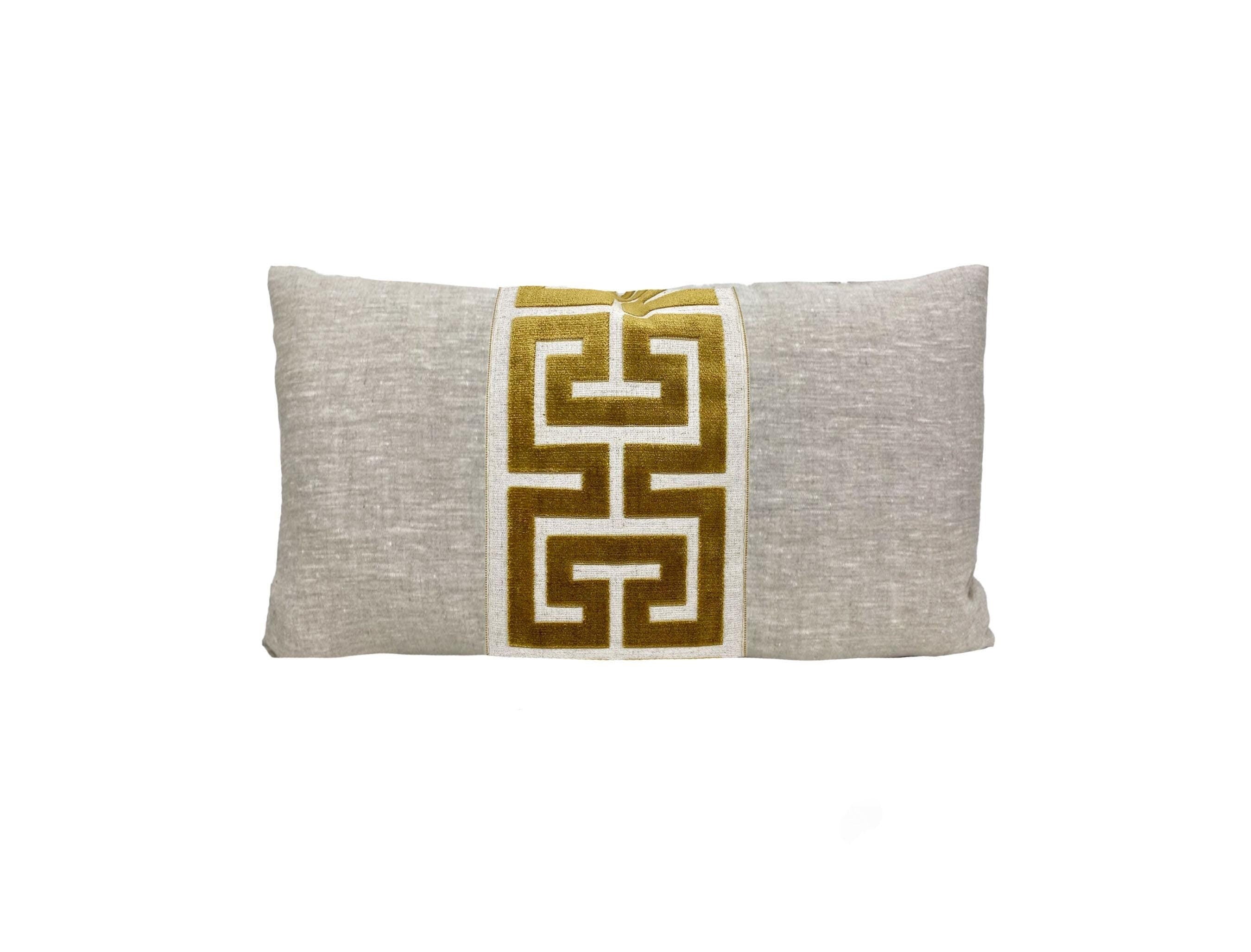 Oatmeal Linen Lumbar Pillow Cover with Large Greek Key Trim - SELECT TRIM COLOR