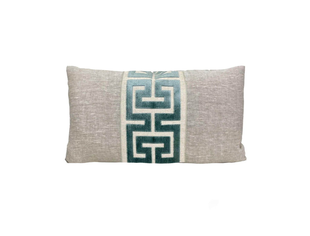 Oatmeal Linen Lumbar Pillow Cover with Large Greek Key Trim - SELECT TRIM COLOR