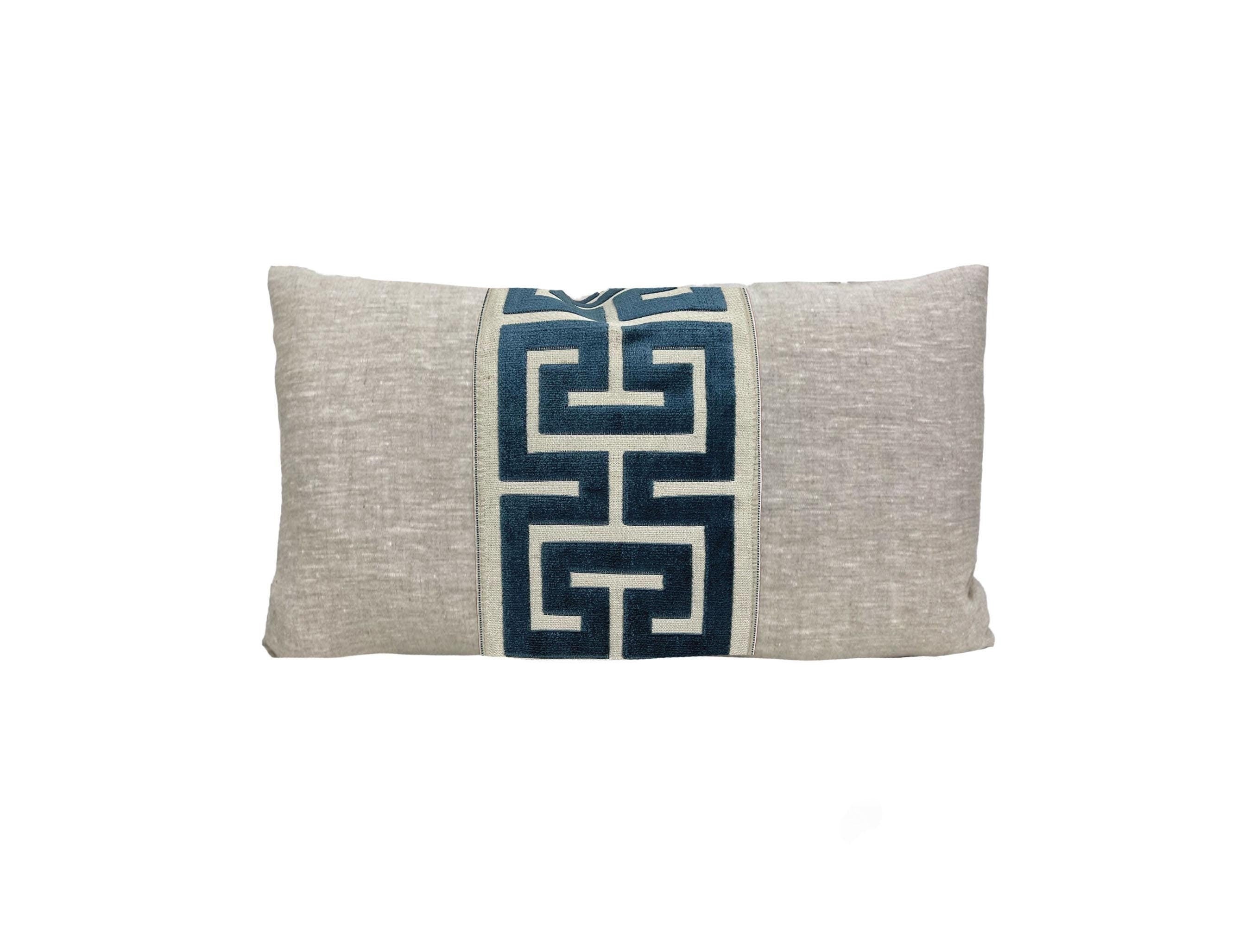 Oatmeal Linen Lumbar Pillow Cover with Large Greek Key Trim - SELECT TRIM COLOR