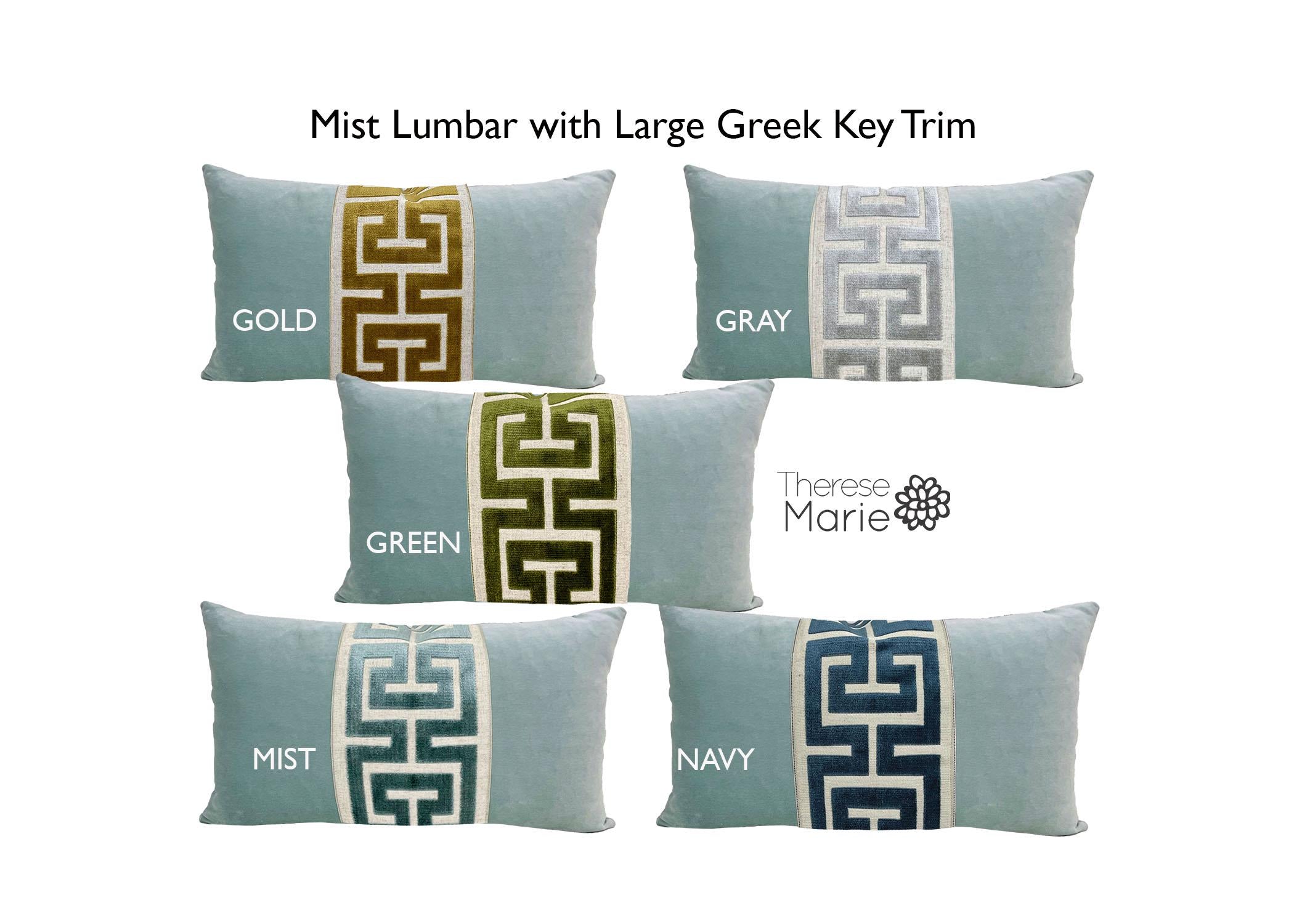 Aqua Mist Velvet Lumbar Pillow Cover with Large Greek Key Trim - SELECT TRIM COLOR