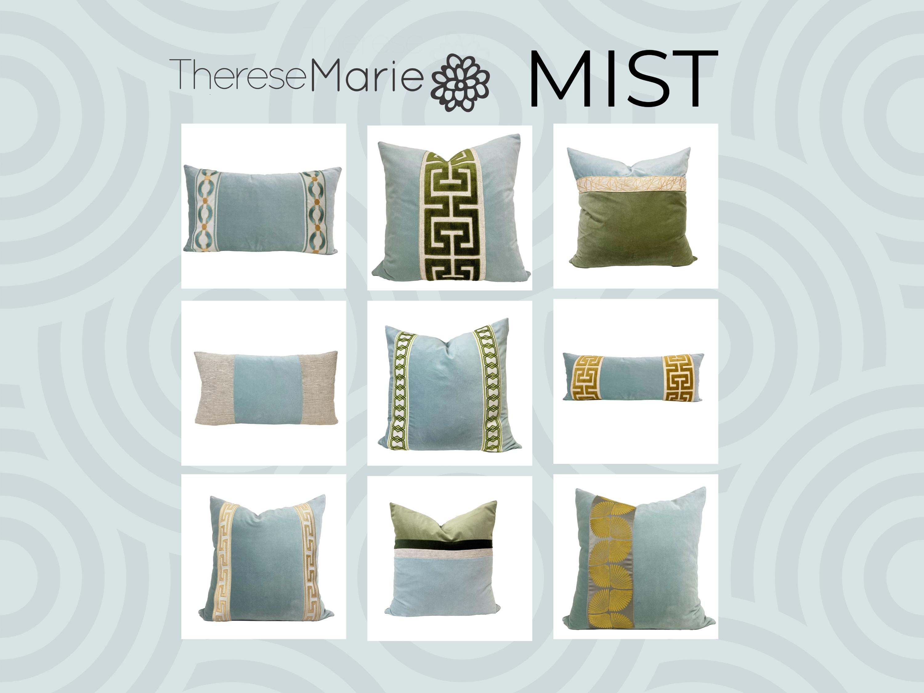 Aqua Mist Velvet Lumbar Pillow Cover with Large Green Greek Key Trim