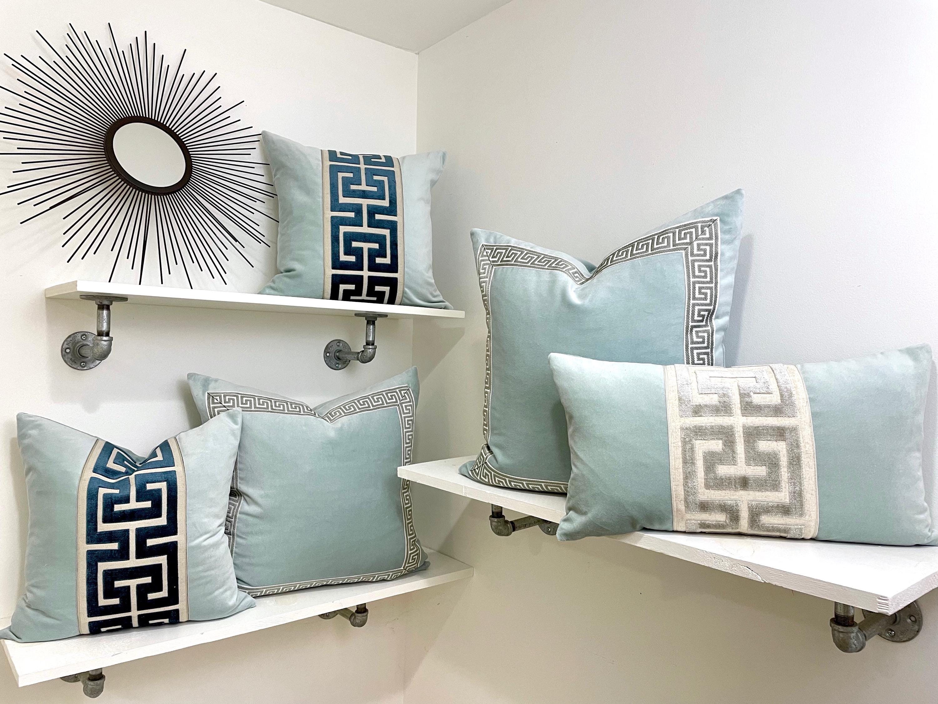 Aqua Mist Velvet Lumbar Pillow Cover with Large Green Greek Key Trim