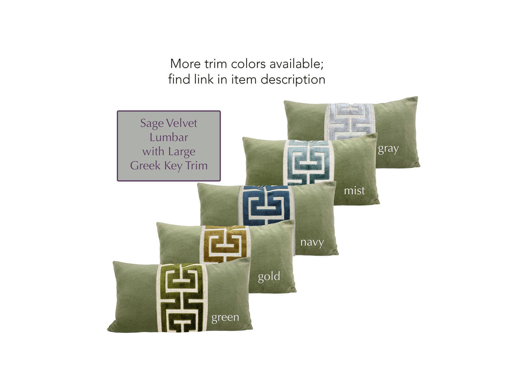 Sage Green Velvet Lumbar Pillow Cover with Large GOLD Greek Key Trim