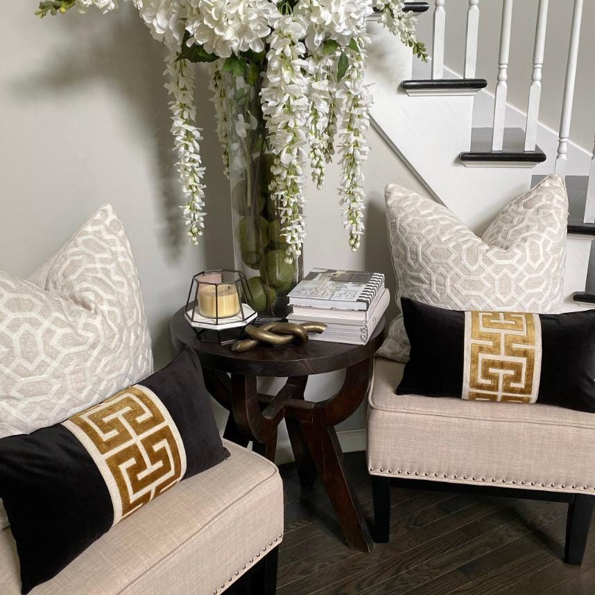 Sage Green Velvet Lumbar Pillow Cover with Large GOLD Greek Key Trim