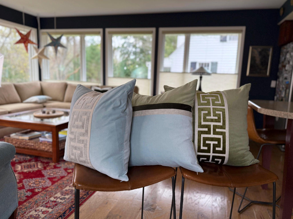 Sage Green Velvet Lumbar Pillow Cover with Large MIST Greek Key Trim