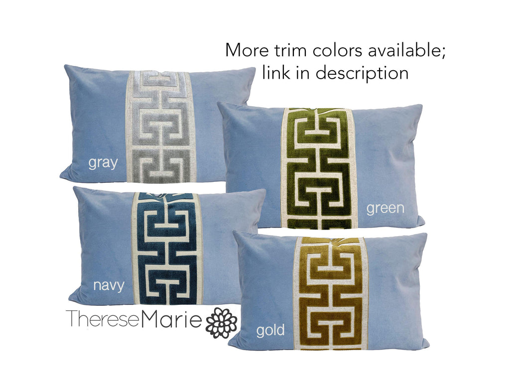 Light Blue Velvet Lumbar Pillow Cover with Large NAVY Greek Key trim