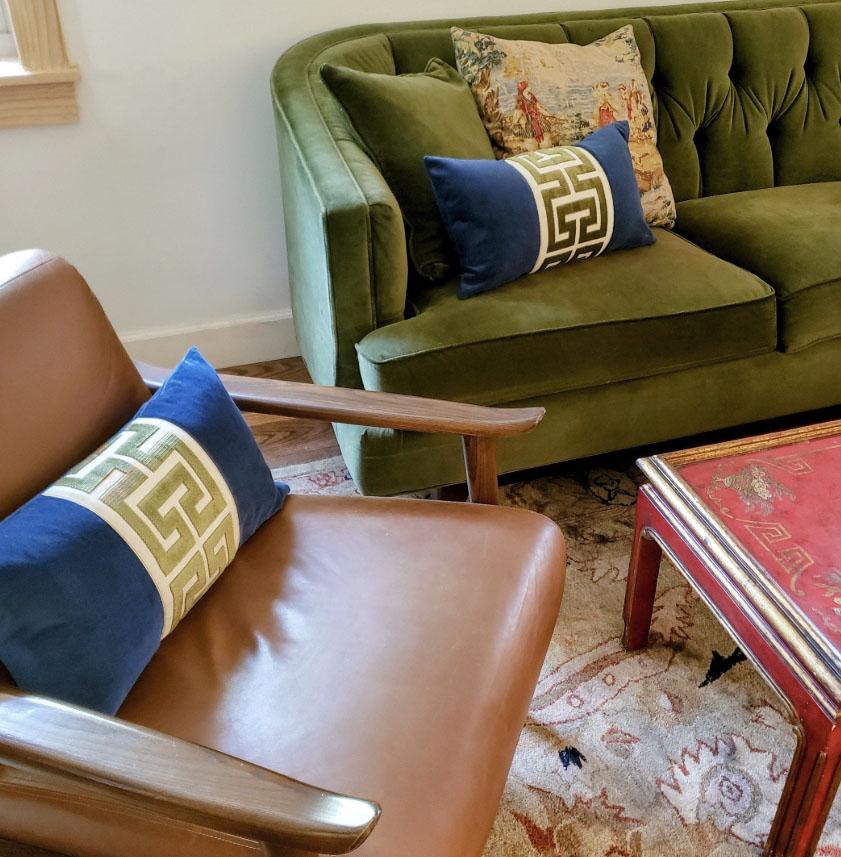Navy Blue Velvet Lumbar Pillow Cover with Large GOLD Greek Key Trim