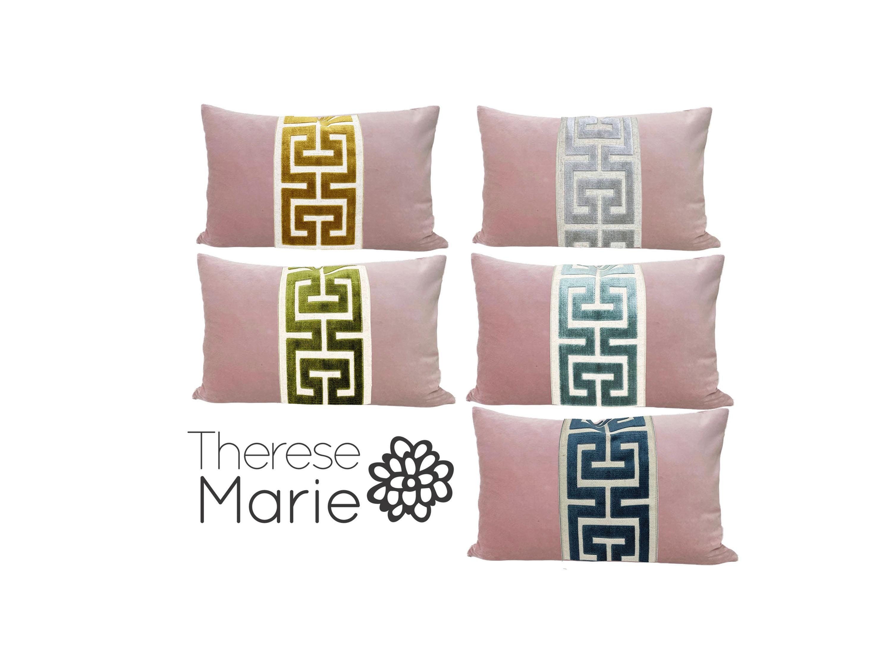 Light Pink Velvet Lumbar Pillow Cover with Large Greek Key Trim - SELECT TRIM COLOR