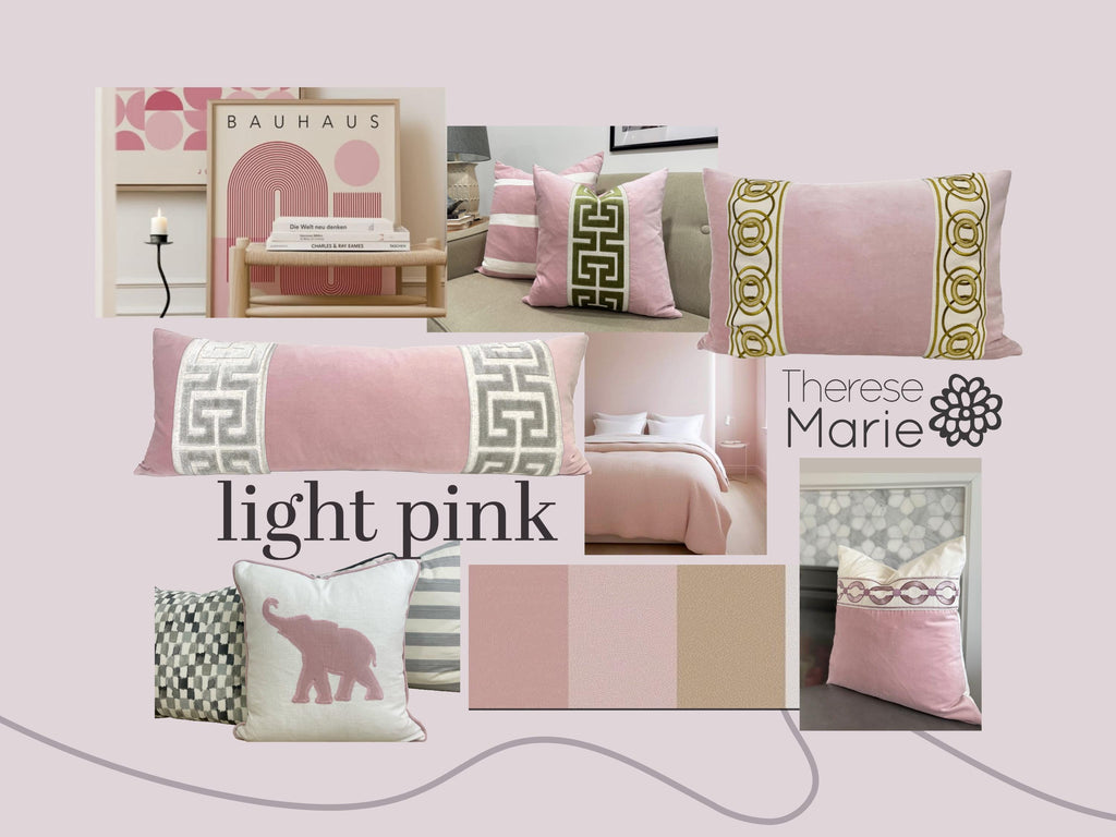 Light Pink Velvet Lumbar Pillow Cover with Large Greek Key Trim - SELECT TRIM COLOR