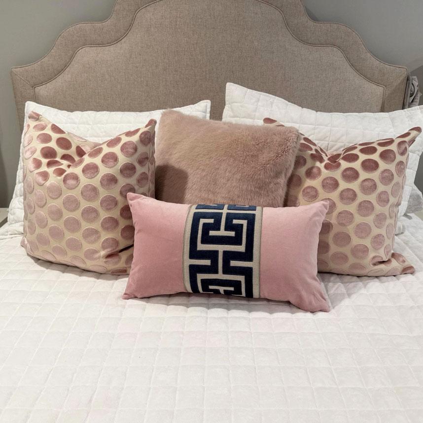 Light Pink Velvet Lumbar Pillow Cover with Large NAVY Greek Key Trim