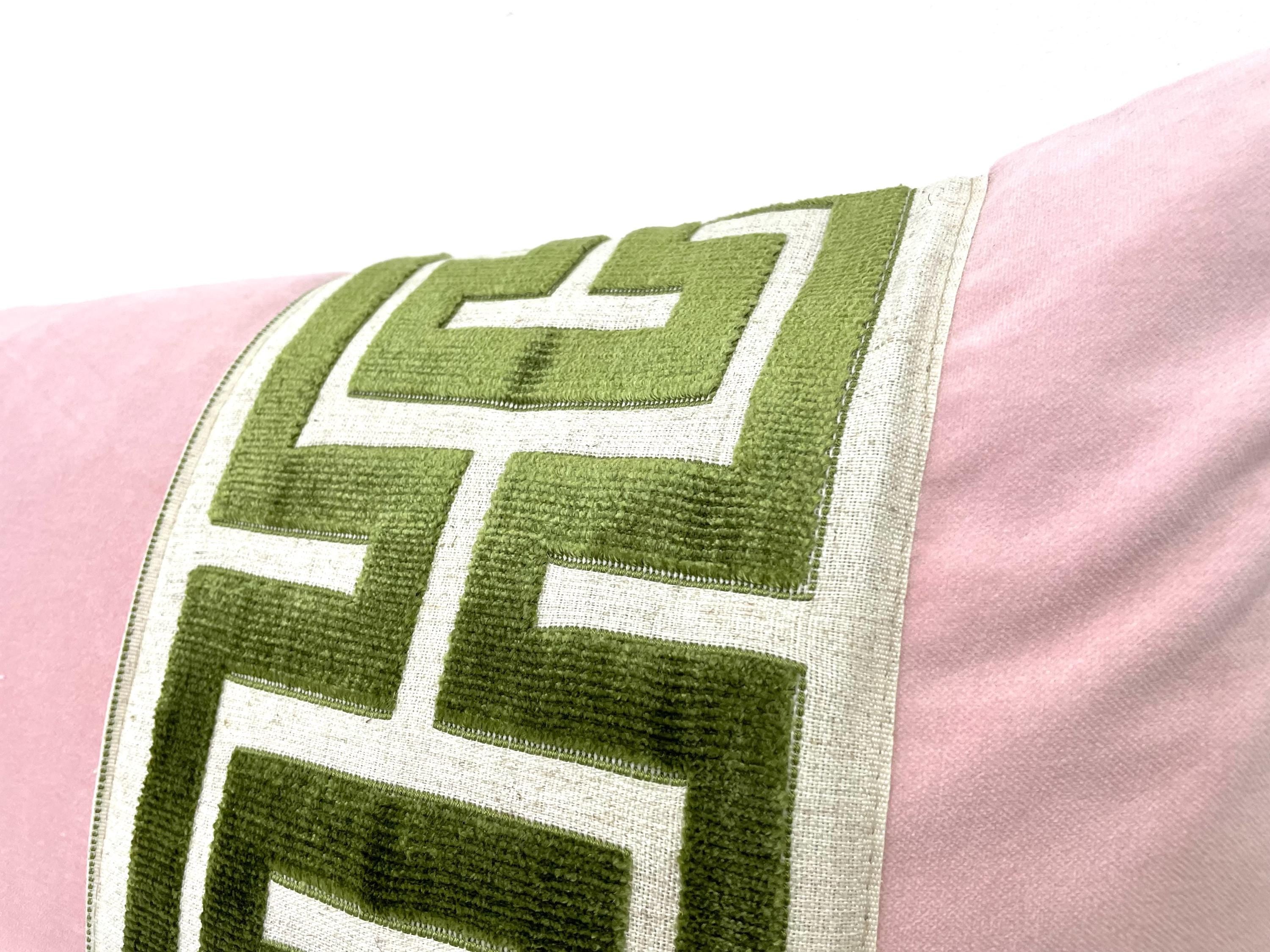 Light Pink Velvet Lumbar Pillow Cover with Large GREEN Greek Key Trim